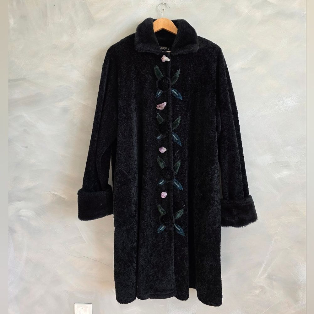 Lee Andersen Dark Amethyst Coat Long Black Polar Fleece Sz 1X Art To Wear